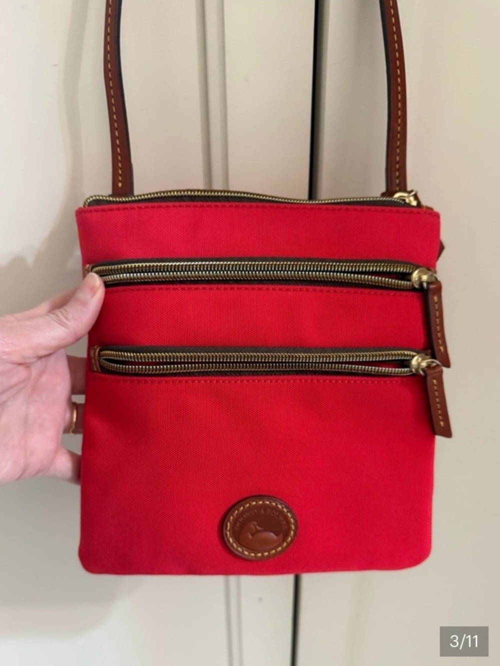 Dooney & Bourke Red Crossbody with Triple Zip Front and Tan Strap - Picture 2 of 6
